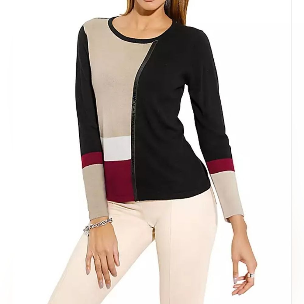 Creation L 8 Black Lngslvs Colorblock MERINO WOOL Blend Women's Sweater